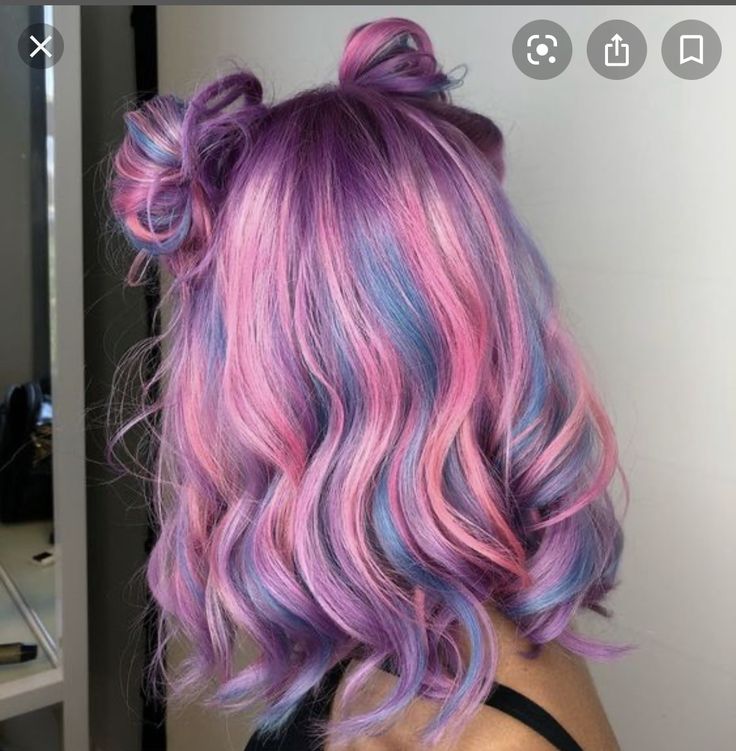 Grey Hair With Pink Highlights, Hair Space Buns, Pink And Blue Hair, Unicorn Hair Dye, Unicorn Hair Color, Rainbow Hair Color, Cute Hair Colors, Candy Hair, Hair Dyes