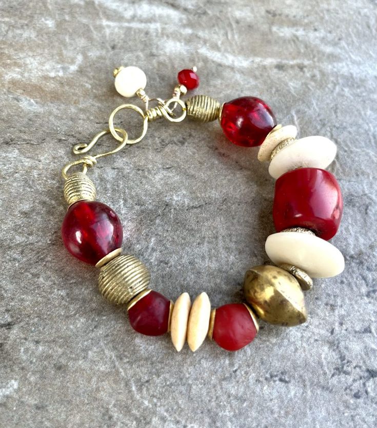 Boho Chic Bracelet Red Coral, African Tribal Brass, Red Resin Beads Unique Handmade Red Bracelet, Unique Red Bracelet As Gift, Hand Wrapped Red Bracelet For Festivals, Unique Red Bracelet For Gift, Red Hand Wrapped Bracelets, Elegant Red Beaded Bracelets With Spacer Beads, Elegant Red Hand-strung Beaded Bracelets, Red Hand Wrapped Jewelry Gift, Hand Wrapped Red Jewelry For Gift