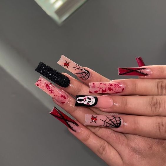 Red Bottom Halloween Nails, Extra Halloween Nails, Chucky Nails Acrylic, Holloween Nails Acrylic, Halloween Baddie Nails, Scream Nails Acrylic, Scary Movie Nails, Blood Halloween Nails, Baddie Halloween Nails