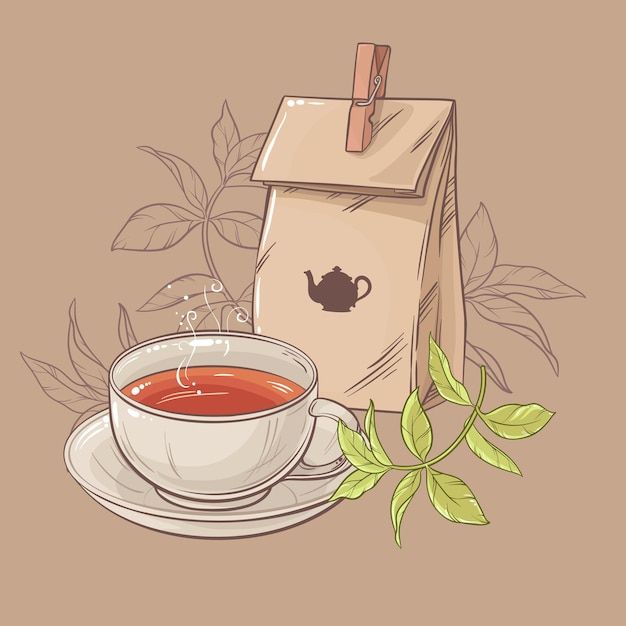 a cup of tea next to a paper bag on a saucer and some leaves