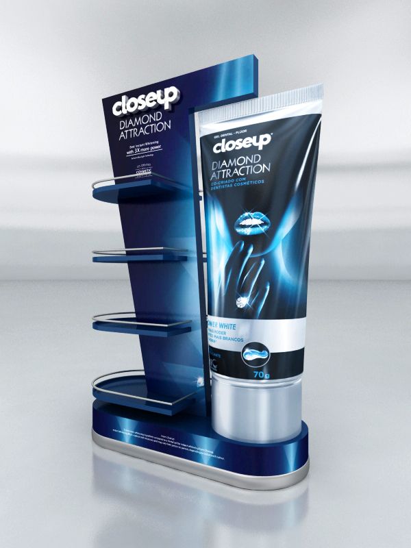 two display stands with toothpaste on them