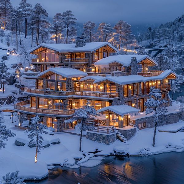 a large house is lit up in the snow by some trees and water at night