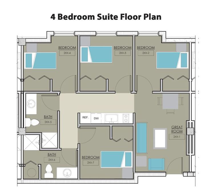 four bedroom suite floor plan with two bathrooms