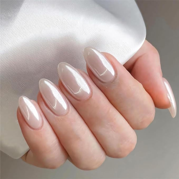 #affiliate #ad press on nails, chrome nails, clean girl nail aesthetic, nail inspo ideas Classy Pearl Nails, Pearl Nails Almond Shape, Chrome White Nails Almond, Ivory Nails Acrylic, Pearl White Acrylic Nails, Almond Elegant Nails, White Chrome Almond Nails, White Pearl Chrome Nails, Wedding Nails Almond Shape