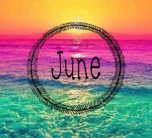 the word june written in a circle on top of water with an orange and pink sky behind it