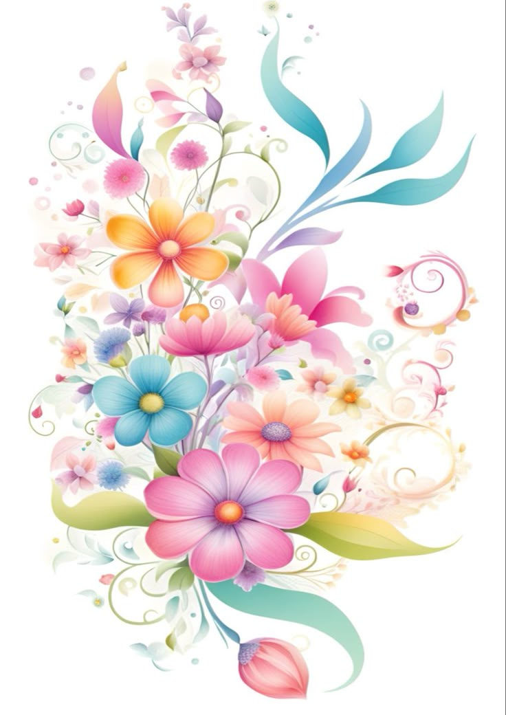 colorful flowers and swirls on white background