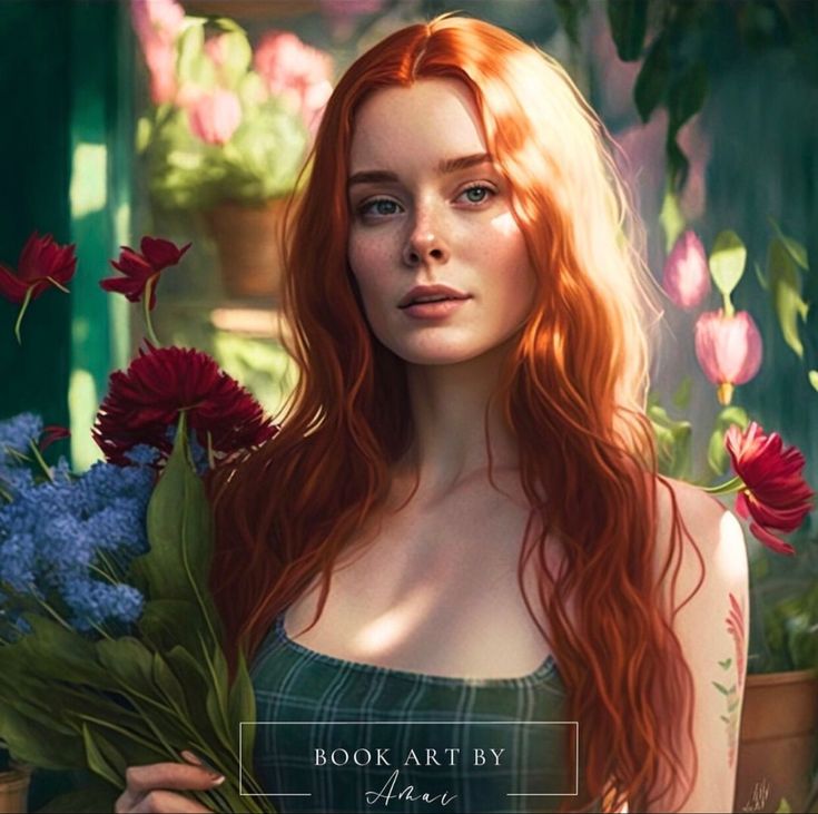 a woman with long red hair holding flowers