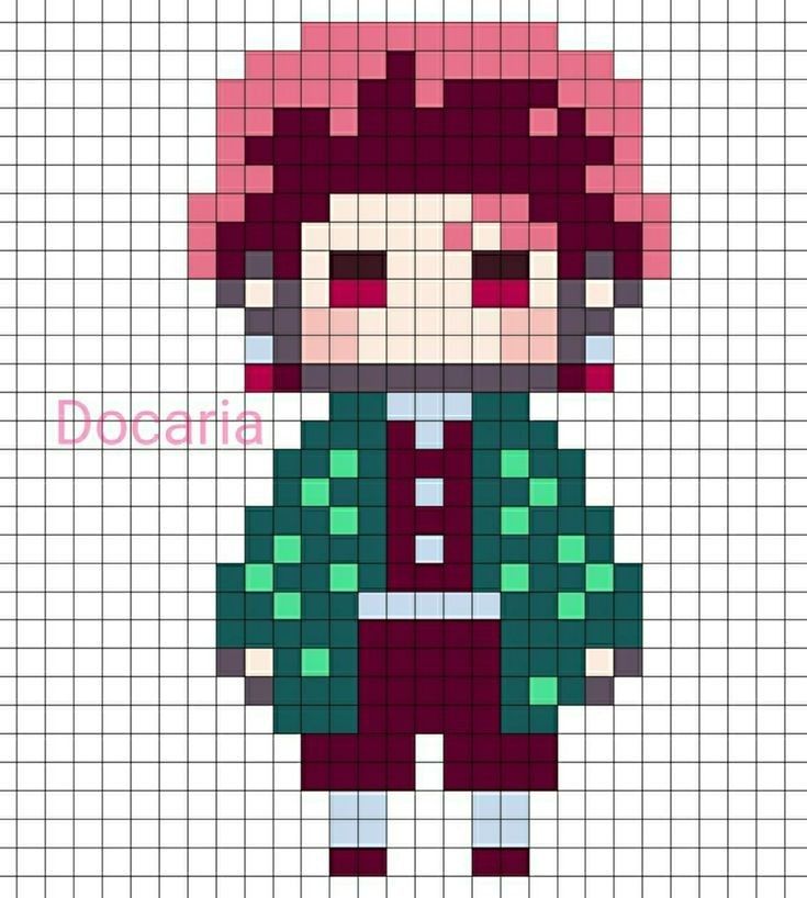 a pixel art style character with red hair and green shirt, standing in front of a grid