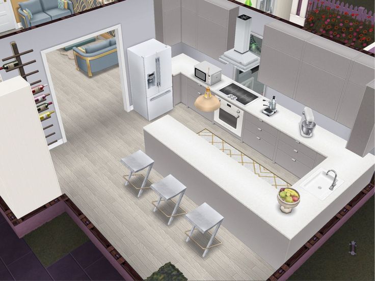 an aerial view of a kitchen and dining room