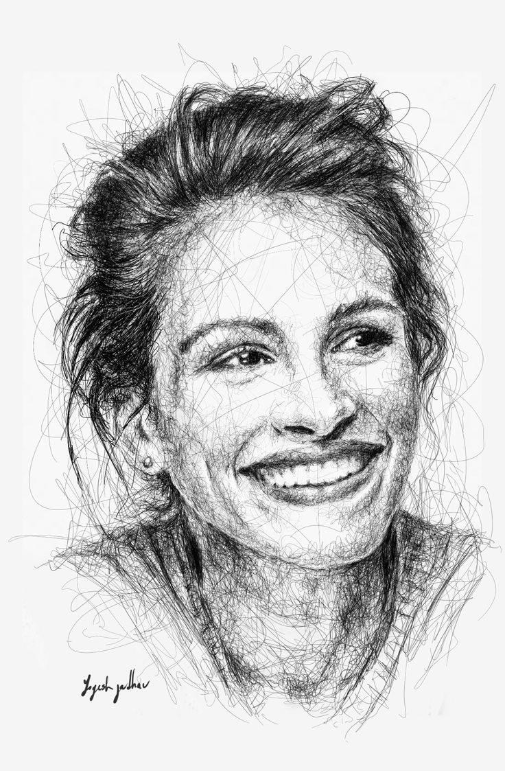 a black and white drawing of a smiling woman