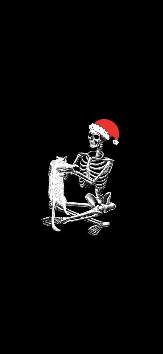 a skeleton sitting on top of a chair wearing a santa hat and holding a cat