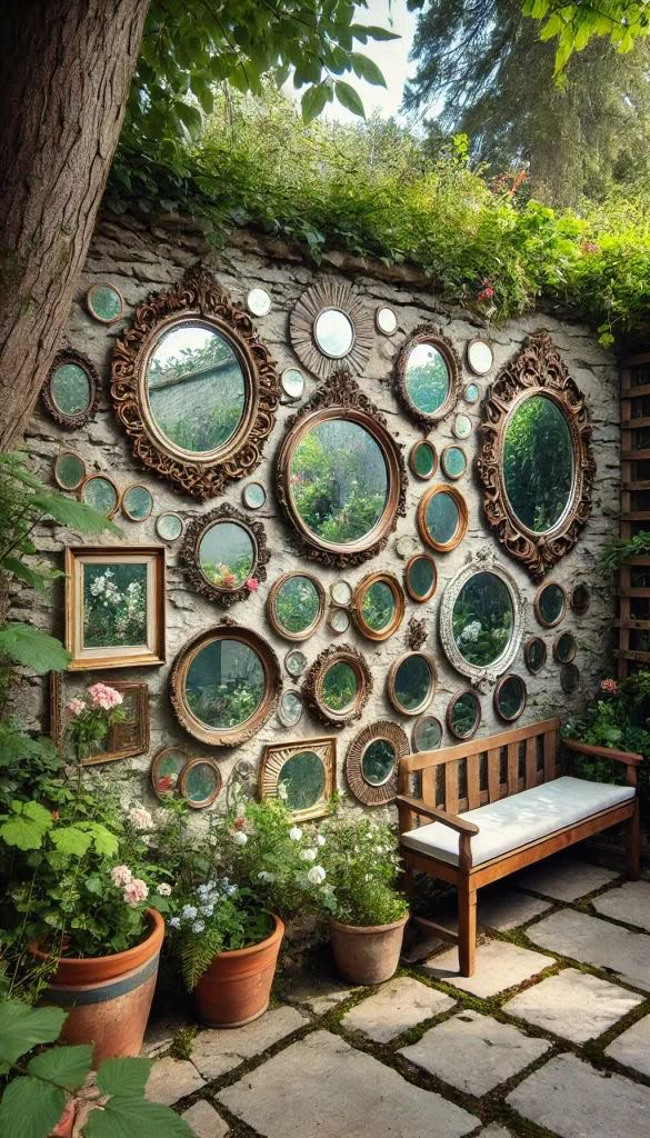 a stone wall with mirrors on it and potted plants in the foreground, next to a wooden bench