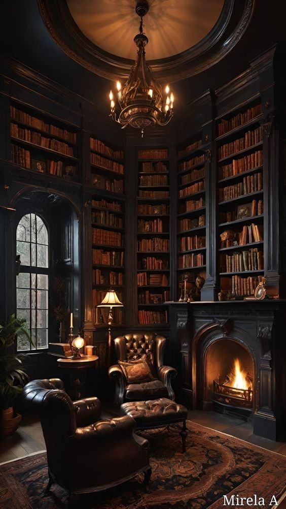 a living room filled with furniture and a fire place in the middle of a library