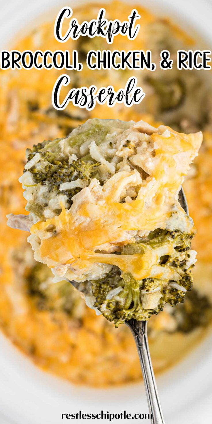 broccoli, chicken and rice casserole on a white plate with a spoon