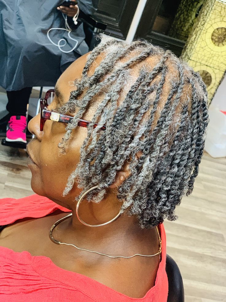 Styled by @stylesbylisa Twists On Natural Grey Hair, Individual Twist, Graying Gracefully, Grey Ombre Hair, Short Crochet, Hair Twists, Two Strand Twists, Natural Twists, Two Strand Twist