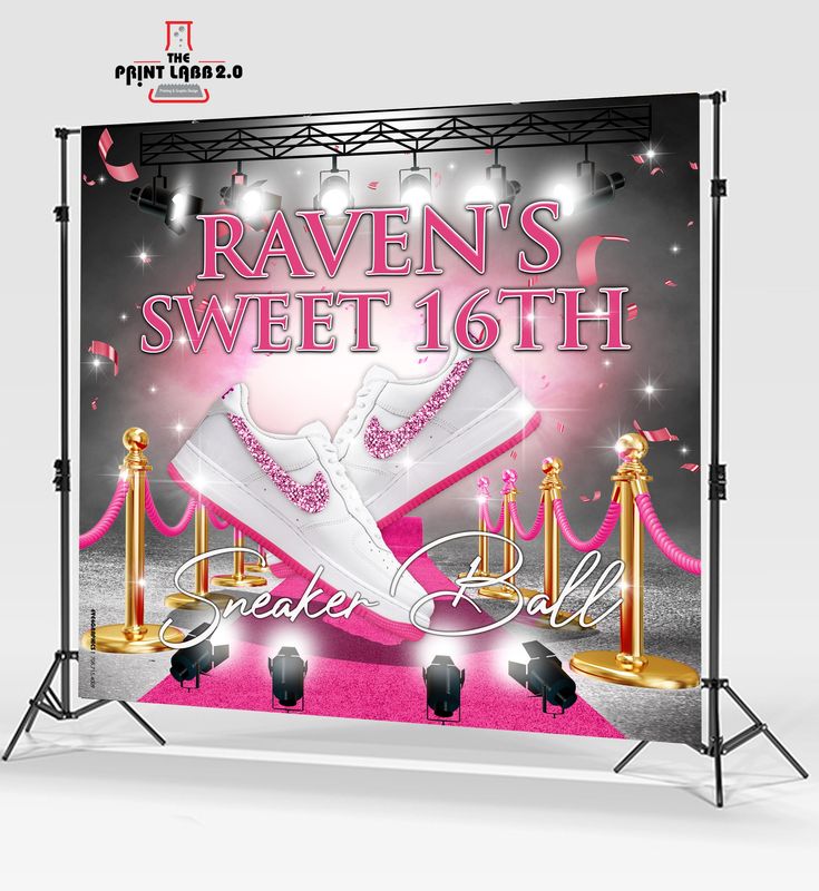 a pink and black birthday party backdrop with high top sneakers