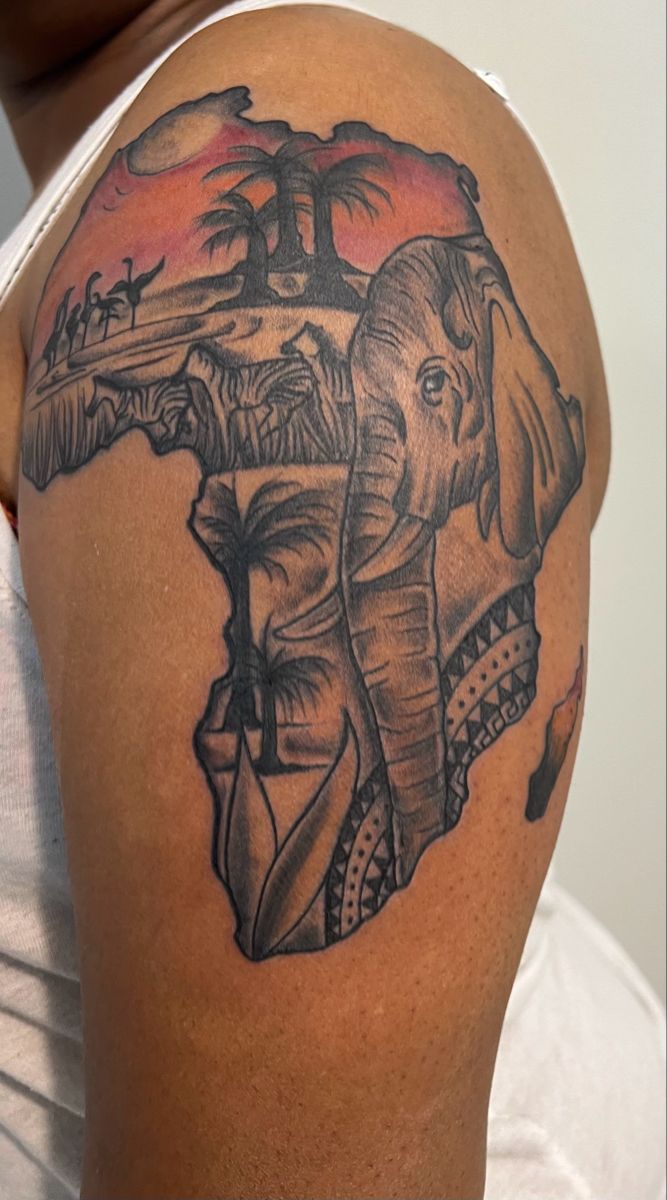 custom upper arm tattoo African Arm Tattoo, African Theme Tattoo, African Themed Tattoos, African Sleeve Tattoo, Africa Tattoos, African Theme, Half Sleeve Tattoos For Guys, Theme Tattoo, Upper Arm Tattoos