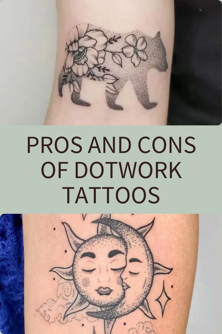 two tattoos with the words pros and cons of dotwork tattoos on them