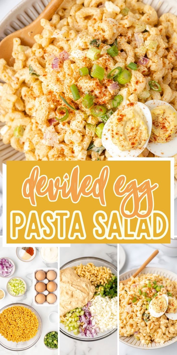 this is an image of baked egg pasta salad with peas and other ingredients in bowls