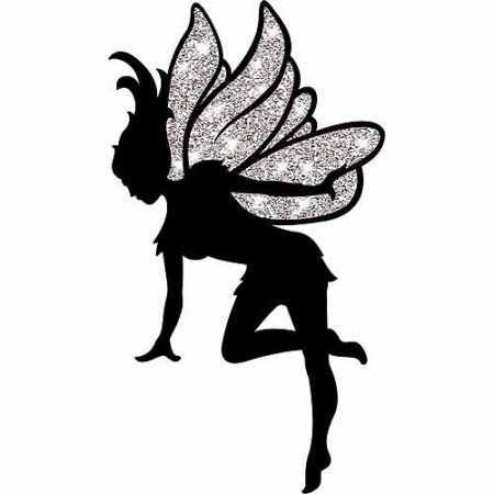 the silhouette of a fairy with her legs spread out and wings extended, is shown