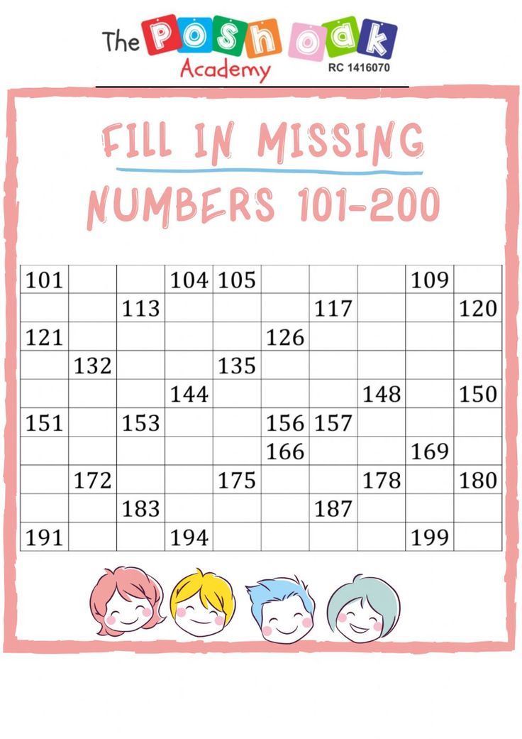 a poster with numbers and the words fill in missing numbers 101 - 200