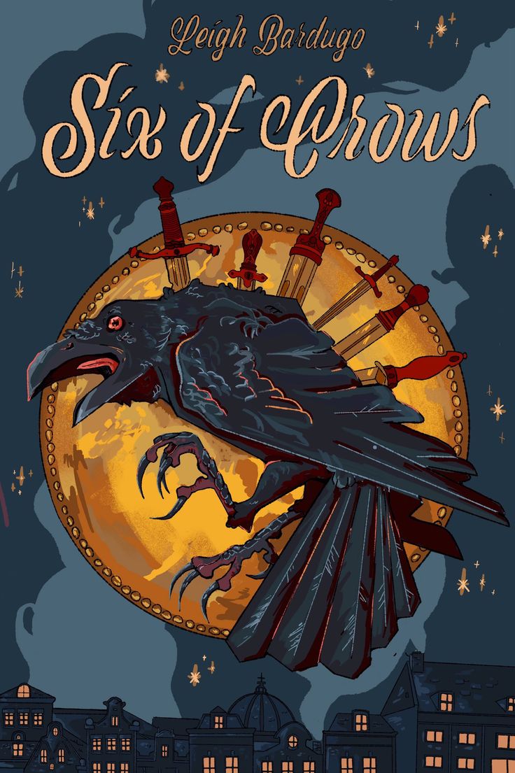 a black crow sitting on top of a moon with the words six of crows above it