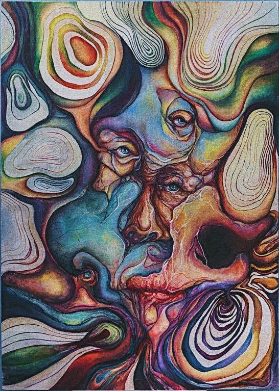 an abstract painting with multiple colors and shapes on the face, including swirly lines