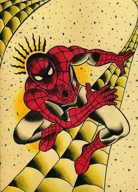 a drawing of a spider - man on a yellow background