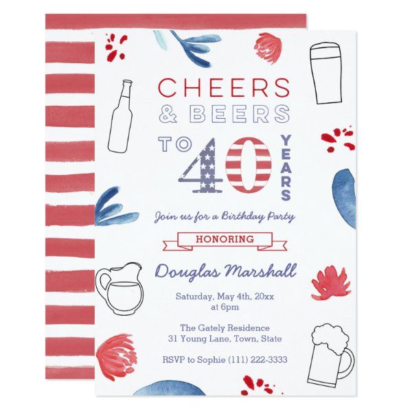 a red, white and blue birthday party card with cheers and beers on the front