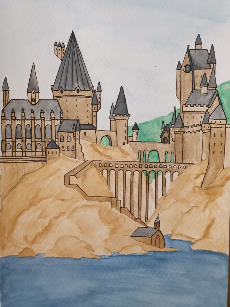 a drawing of hogwarts castle in watercolor