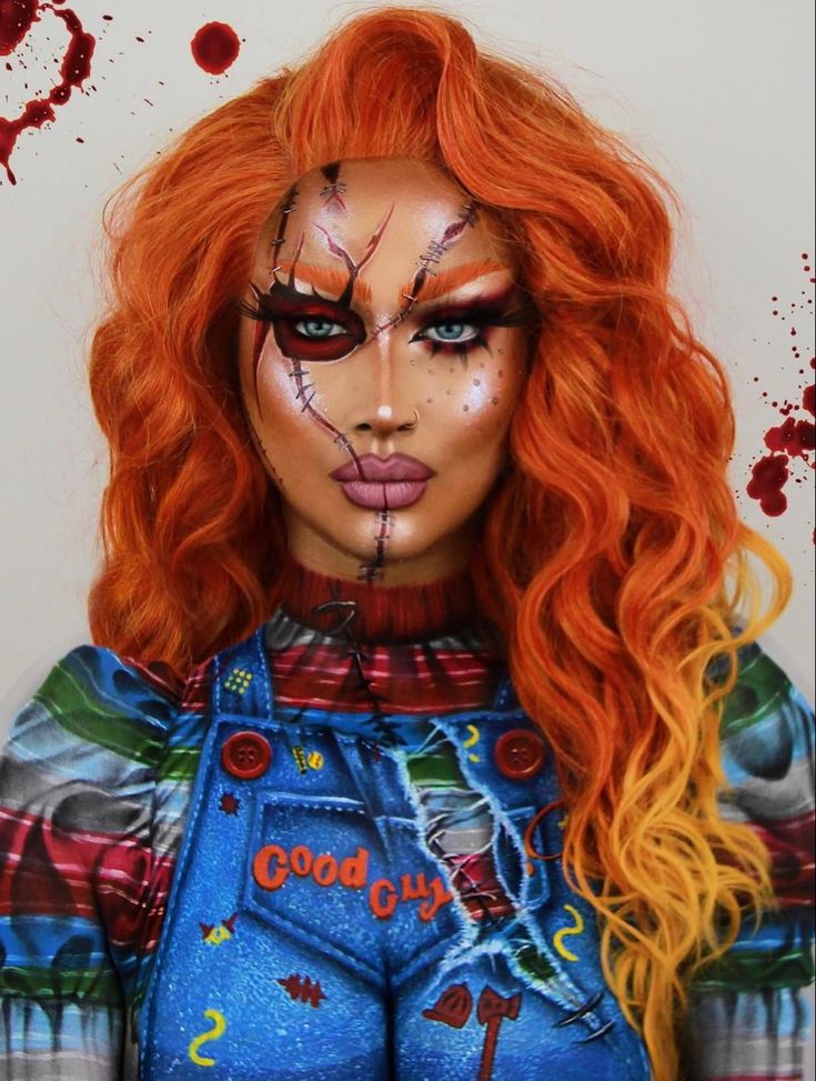 Face Painted Halloween Costumes, 2024 Halloween Makeup, Chucky Inspired Makeup, Best Women Halloween Costumes, Women’s Halloween Makeup, Chucky Makeup Female, Halloween Makeup 2024, Character Makeup Looks, Halloween Makeup Girl