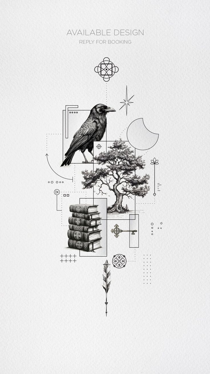 a black bird sitting on top of a tree next to a pile of books and other items