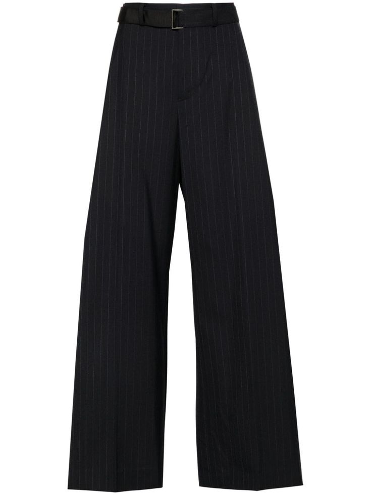 midnight blue pinstripe pattern side stripe detailing high-waisted belt loops detachable and adjustable waist belt two side inset pockets two rear button-fastening jetted pockets pressed crease wide leg concealed front button, hook and zip fastening Elegant High-waist Pinstripe Pants, Elegant High Waist Pinstripe Pants, Pinstripe Office Bottoms With Belt Loops, Striped Wide Leg Business Pants, Striped Wide Leg Pants For Business, Pinstripe Business Bottoms With Belt Loops, Wide Leg Striped Pants For Business, Formal Striped High Waist Bottoms, Formal Pinstripe Bottoms With Belt Loops