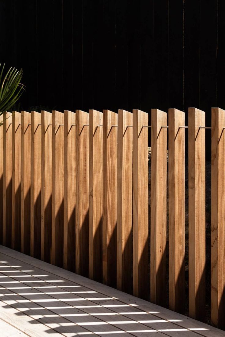 a wooden fence with shadows on it and a palm tree in the backgroud