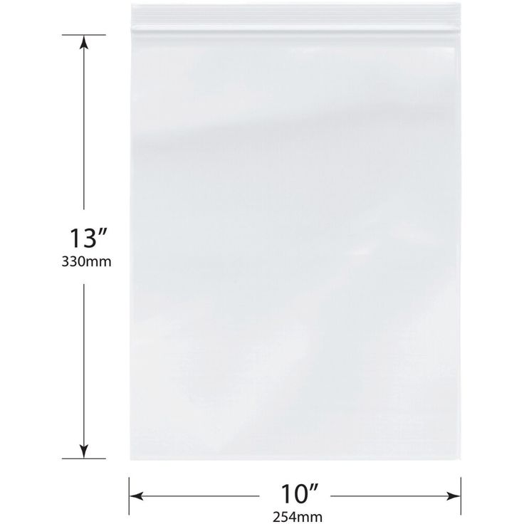 a white plastic bag with measurements for the size and width, on a white background