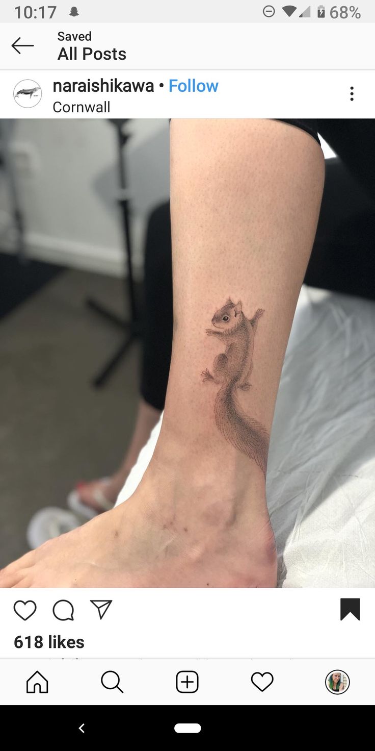 a person's foot with a small lizard tattoo on the left side of their leg