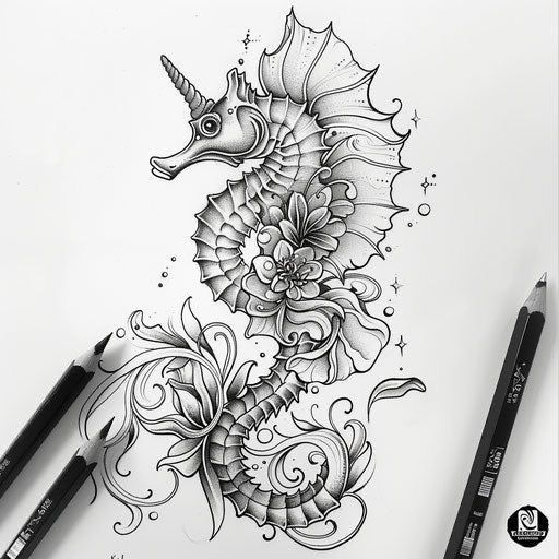 a black and white drawing of a sea horse with flowers on it's back