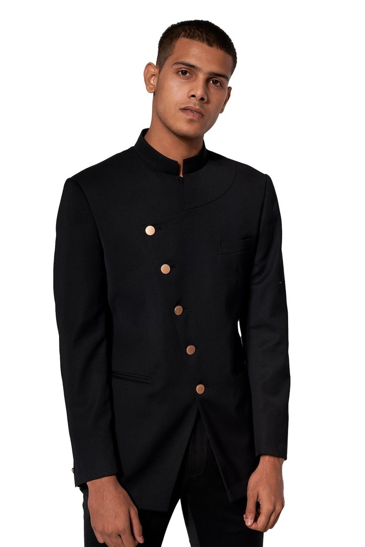 Black overlap bandhgala with asymmetric button placket. Paired with pant.
Components:2

Neckline:Band
Sleeve Length:Full
Fabric:Wool Blend
Color:Black
Welt pockets - Aza Fashions Classic Black Formal Kurta, Elegant Tailored Bandhgala For Workwear, Tailored Elegant Bandhgala For Semi-formal Occasions, Elegant Tailored Bandhgala For Semi-formal Events, Tailored Long Sleeve Bandhgala For Workwear, Tailored Bandhgala With Stand Collar For Semi-formal Occasions, Formal Nehru Jacket With Stand Collar, Elegant Bandhgala With Stand Collar For Work, Elegant Bandhgala With Stand Collar And Button Closure