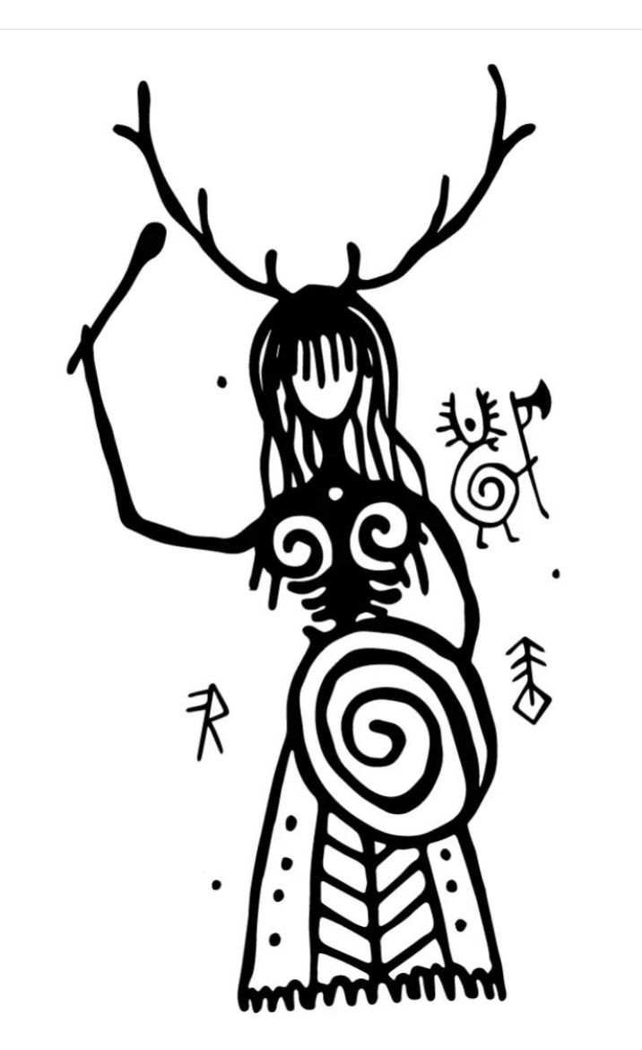 a black and white drawing of a woman holding a deer's antlers in her hands