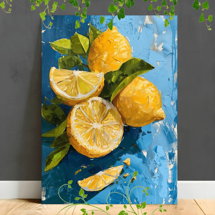 a painting of lemons and leaves on a blue background