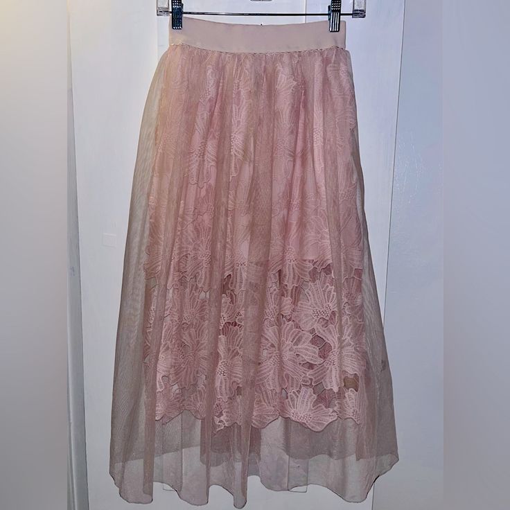 This Beautiful Skirt Has Never Been Worn. It’s Perfect For A Date Night, A Wedding Or A Summer Day Out! Spring Sheer Mini Skirt, Spring Sheer Maxi Skirt, Sheer Lace Skirt For Spring, Pink Lace Skirt For Spring, Sheer Maxi Skirt For Spring, Sheer Feminine Skirt For Spring, Spring Lace Bottoms With Tulle Skirt, Feminine Sheer Skirt For Spring, Pink Lace Tiered Skirt