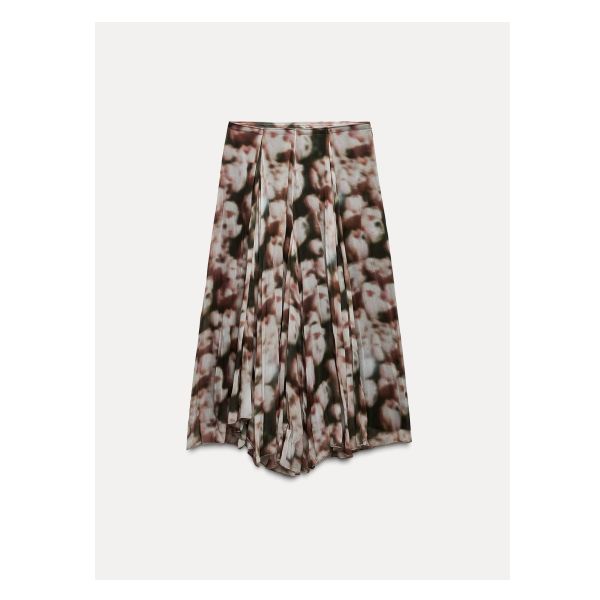 ZARA WOMAN COLLECTIONMidi skirt with a mid waist. Box pleat detail. Asymmetric hem. Hidden in-seam zip closure. Chic Floral Print Skirt, Asymmetrical Hem Pleated Skirt For Work, Chic Asymmetrical Hem Flowy Skirt, Chic Flowy Skirt With Asymmetrical Hem, Zara Flared Skirt For Work, Zara Flared Skirt For Summer, Summer Workwear Bottoms With Asymmetrical Hem, Chic Skirt With Asymmetrical Hem And Floral Print, Zara Flared Skirt For Spring