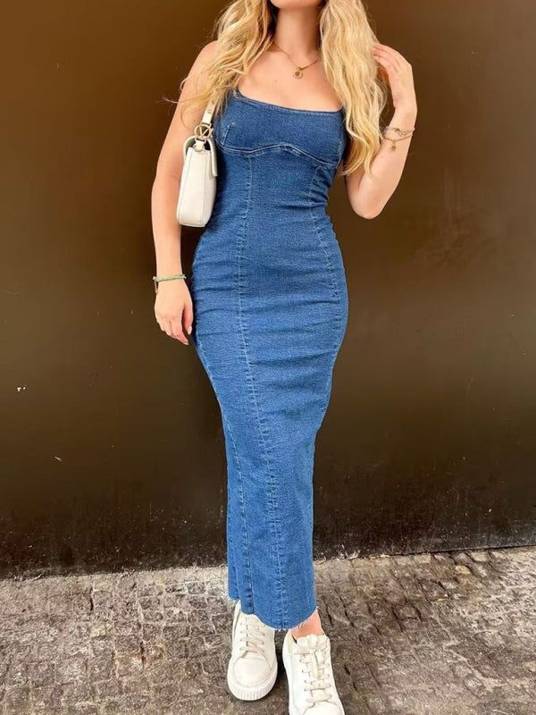 elegant spaghetti strap denim long dress kakaclo Long Jean Dress Outfit, Normal Day Outfit, Long Simple Dress, Blue Outfits For Women, Maxi Denim Dress, Denim Long Dress, Denim Dress Outfit, Long Denim Dress, Denim Maxi Dress