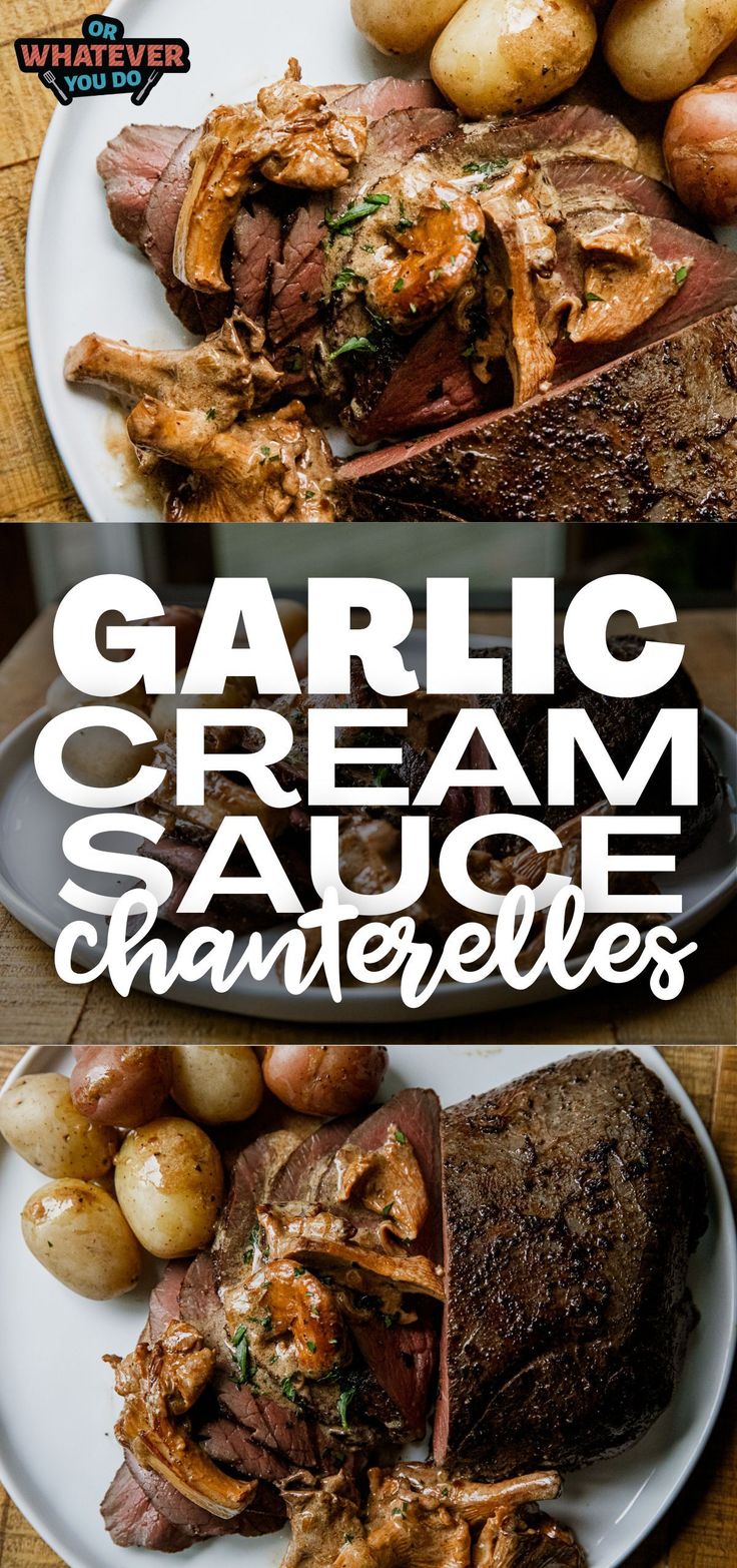 garlic cream sauce on top of roast beef and potatoes with the words garlic cream sauce on it