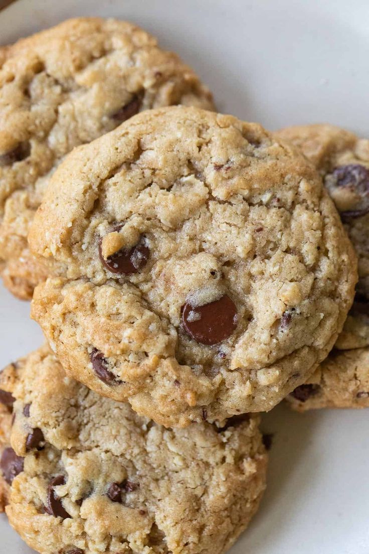 three chocolate chip cookies on a white plate