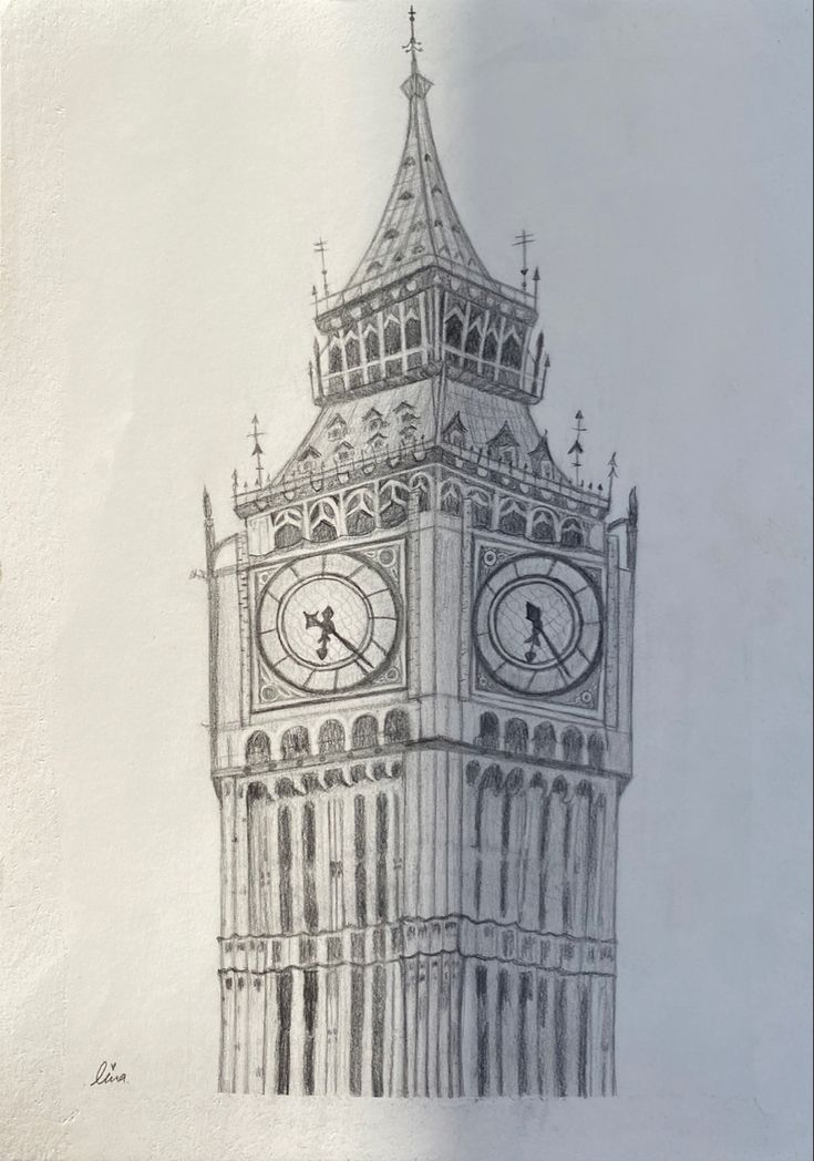 a drawing of the big ben clock tower in london, england is shown on white paper