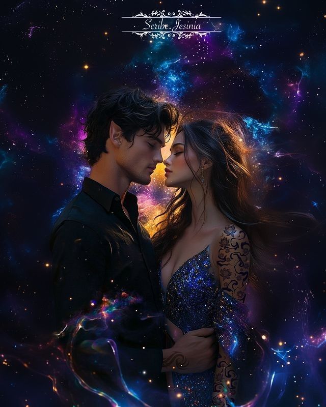 a man and woman standing next to each other in front of a sky filled with stars