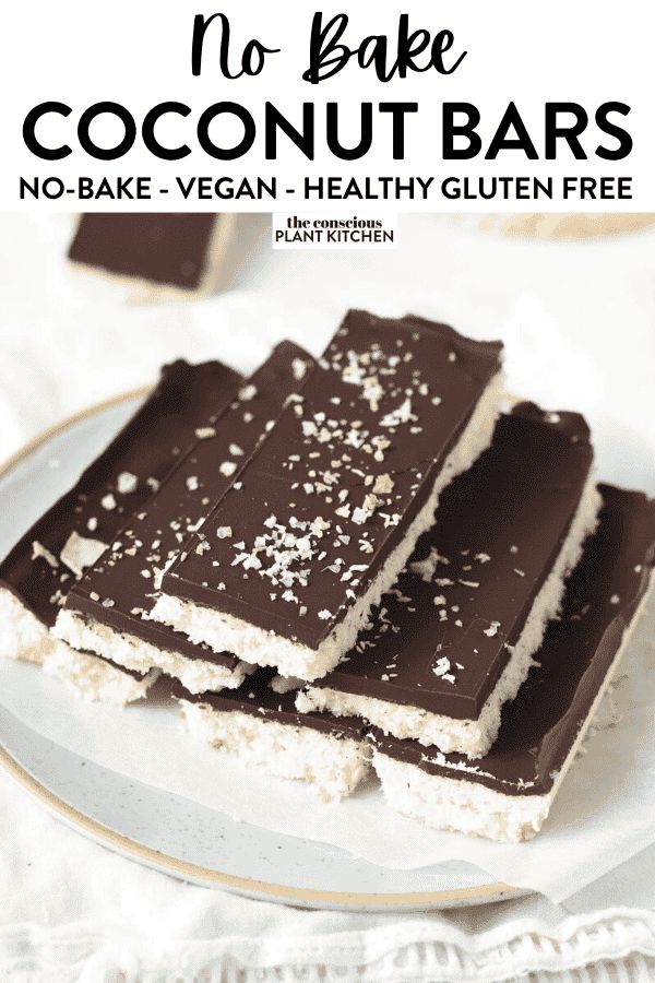 no bake coconut bars on a plate with text overlay that says no bake coconut bars