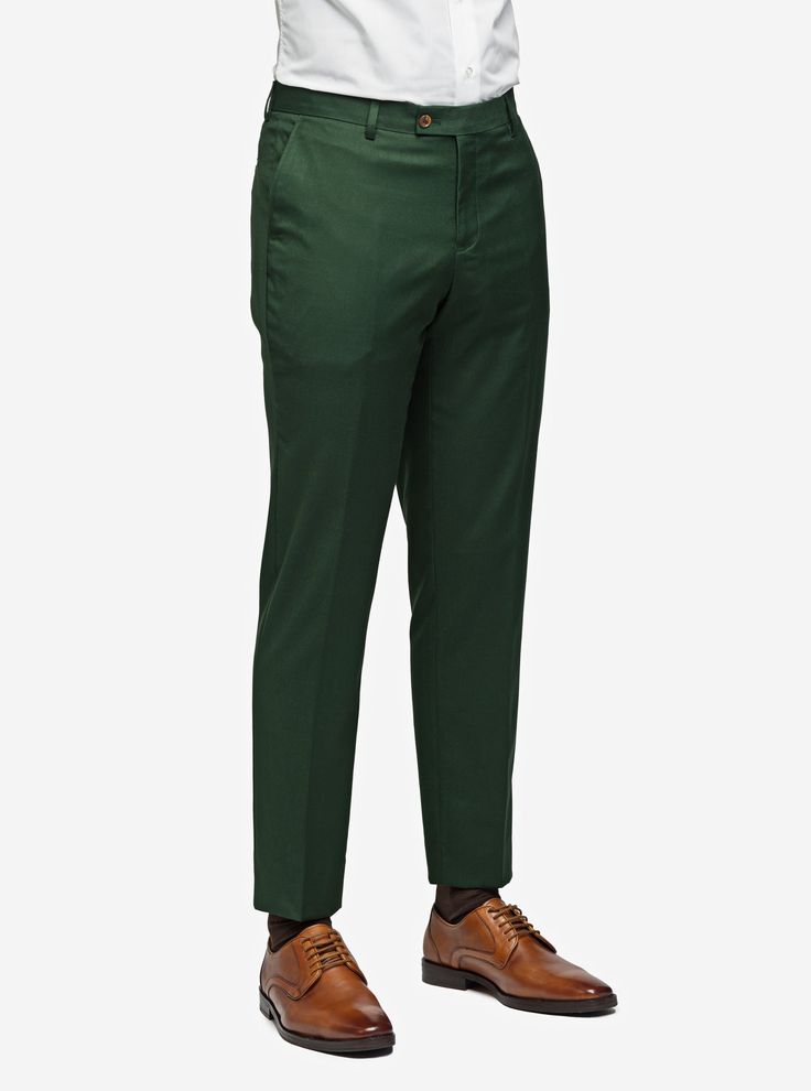 . Look formal and stylish in these forest green flat-front pants. Made from poly-rayon and spandex, they are ideal for weddings or other formal occasions. The lightweight material ensures comfort and durability. Mens Dark Green Dress Pants, Forest Green Pants, Flannel Suit, Green Chinos, Olive Green Pants, Green Flats, Look Formal, Green Trousers, Vest And Tie