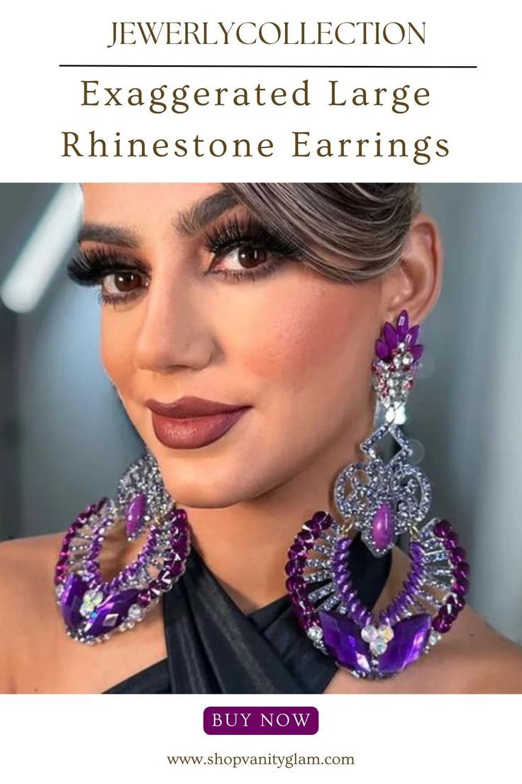 Exaggerated Large Rhinestone Earrings Purple Rhinestone Party Earrings, Purple Bridal Earrings For Party, Purple Rhinestone Earrings For Party, Party Purple Crystal Rhinestone Earrings, Purple Rhinestone Crystal Earrings For Party, Purple Party Jewelry, Glamorous Purple Jewelry For Evening, Purple Jewelry With Sparkling Stones For Party, Purple Crystal Earrings For Wedding